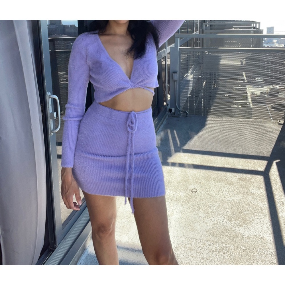 Two piece lavender sweater outfit skirt and top